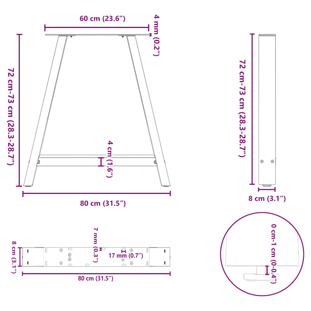 spisebordsben A-formet 2 stk. hvid 80x(72-73) cm stål