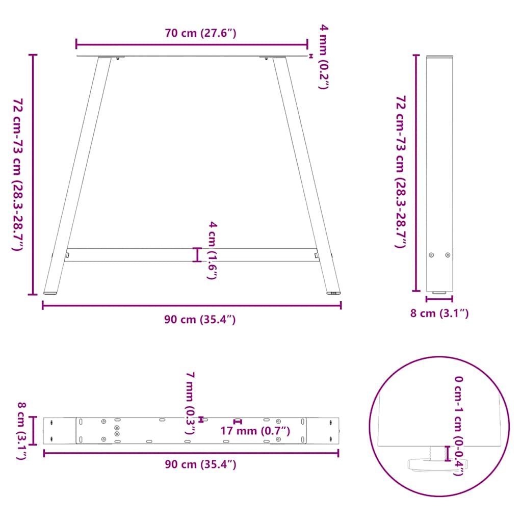 spisebordsben A-formet 2 stk. antracit 90x(72-73) cm stål