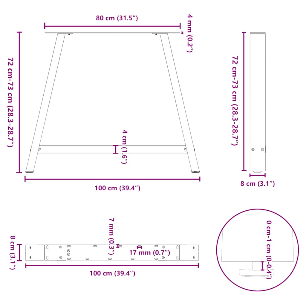 spisebordsben A-formet 2 stk. 100x(72-73) cm stål