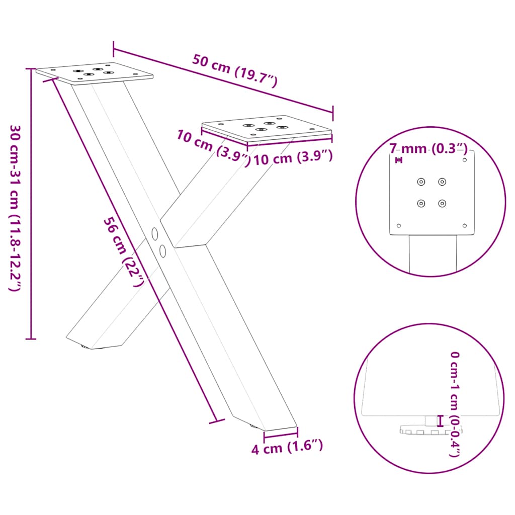 sofabordsben X-formet 2 stk. hvid 50x(30-31) cm stål