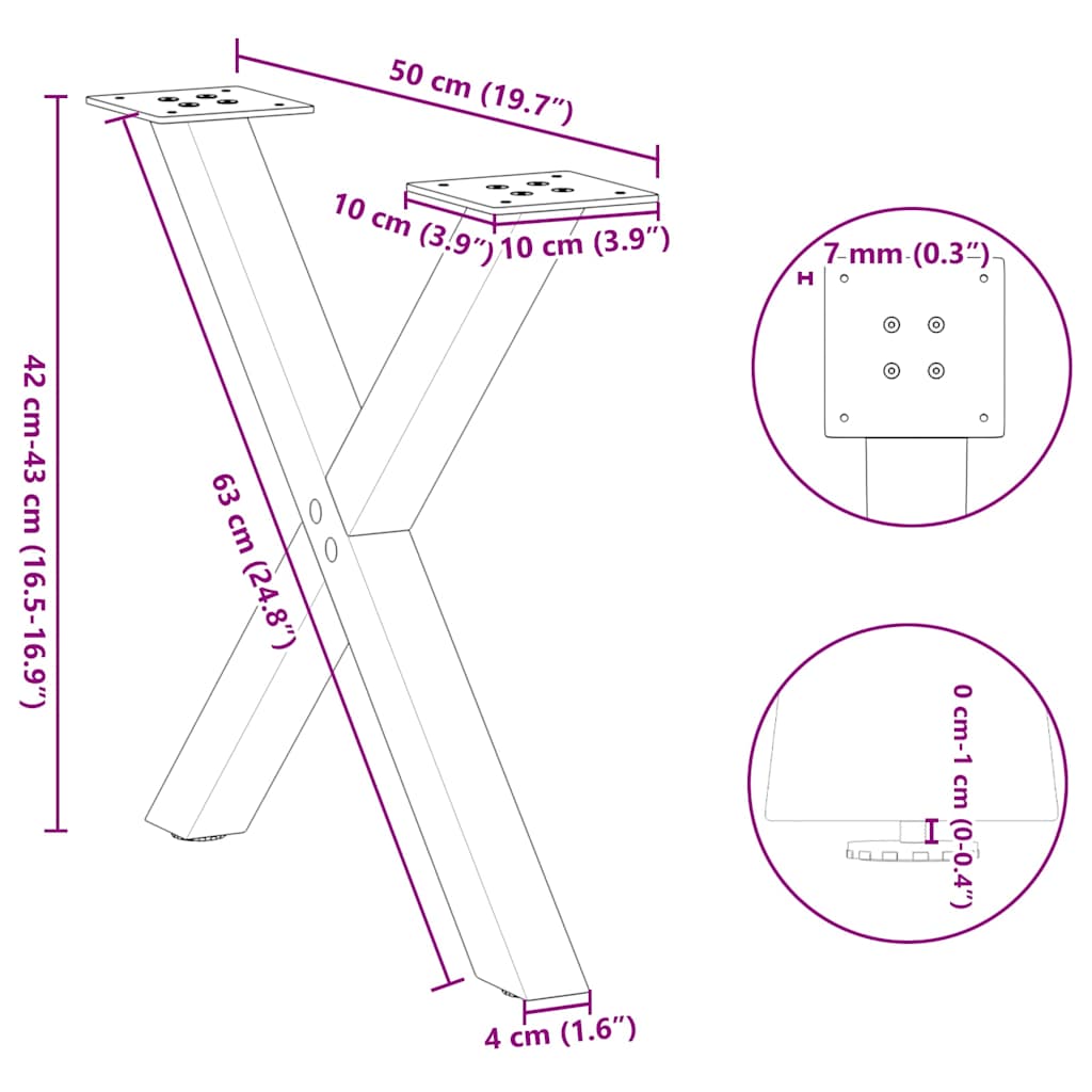 sofabordsben X-formet 2 stk. sort 50 x (42-43) cm stål