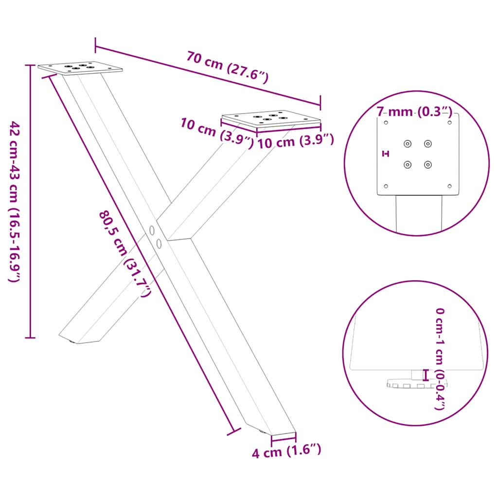 sofabordsben X-formet 2 stk. naturstål 70 x (42-43) cm stål