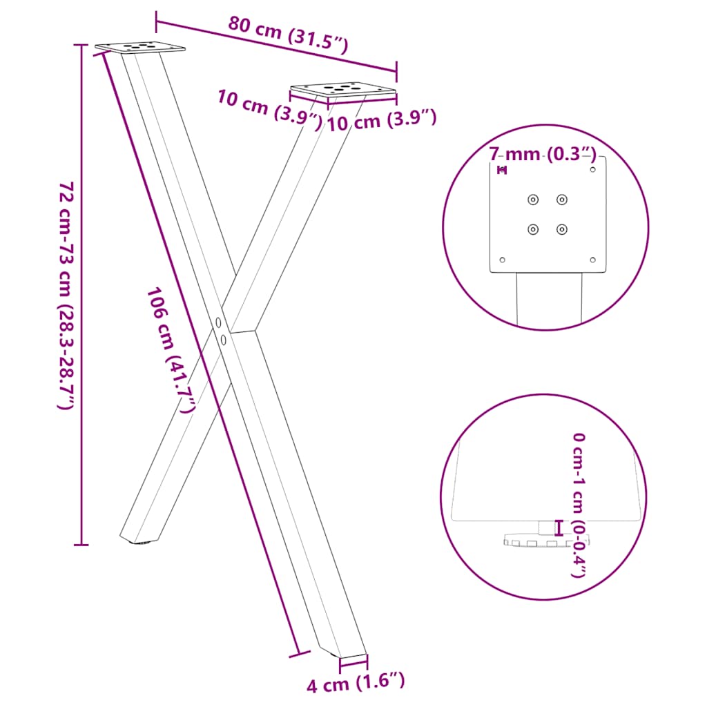 spisebordsben X-formet 2 stk. naturstål 80x(72-73) cm stål
