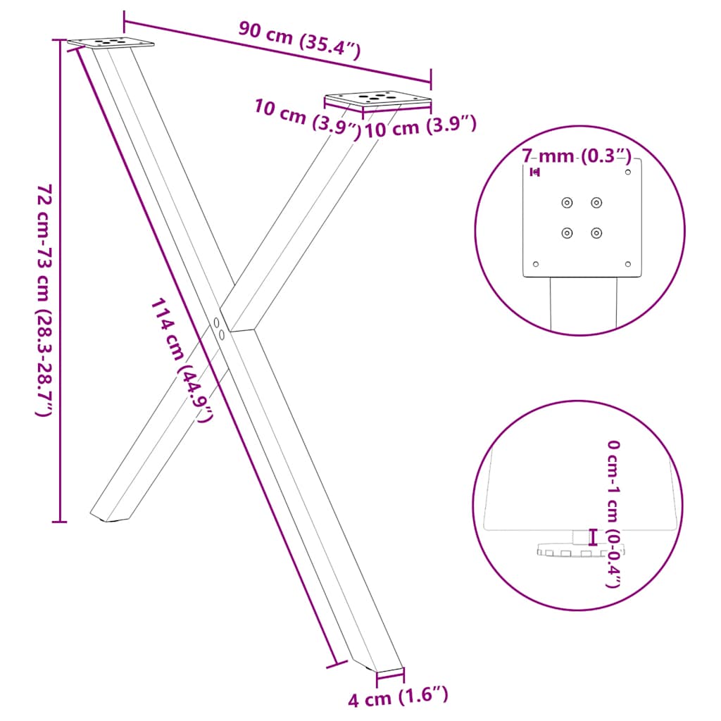 spisebordsben X-formet 2 stk. hvid 90 x (72-73) cm stål