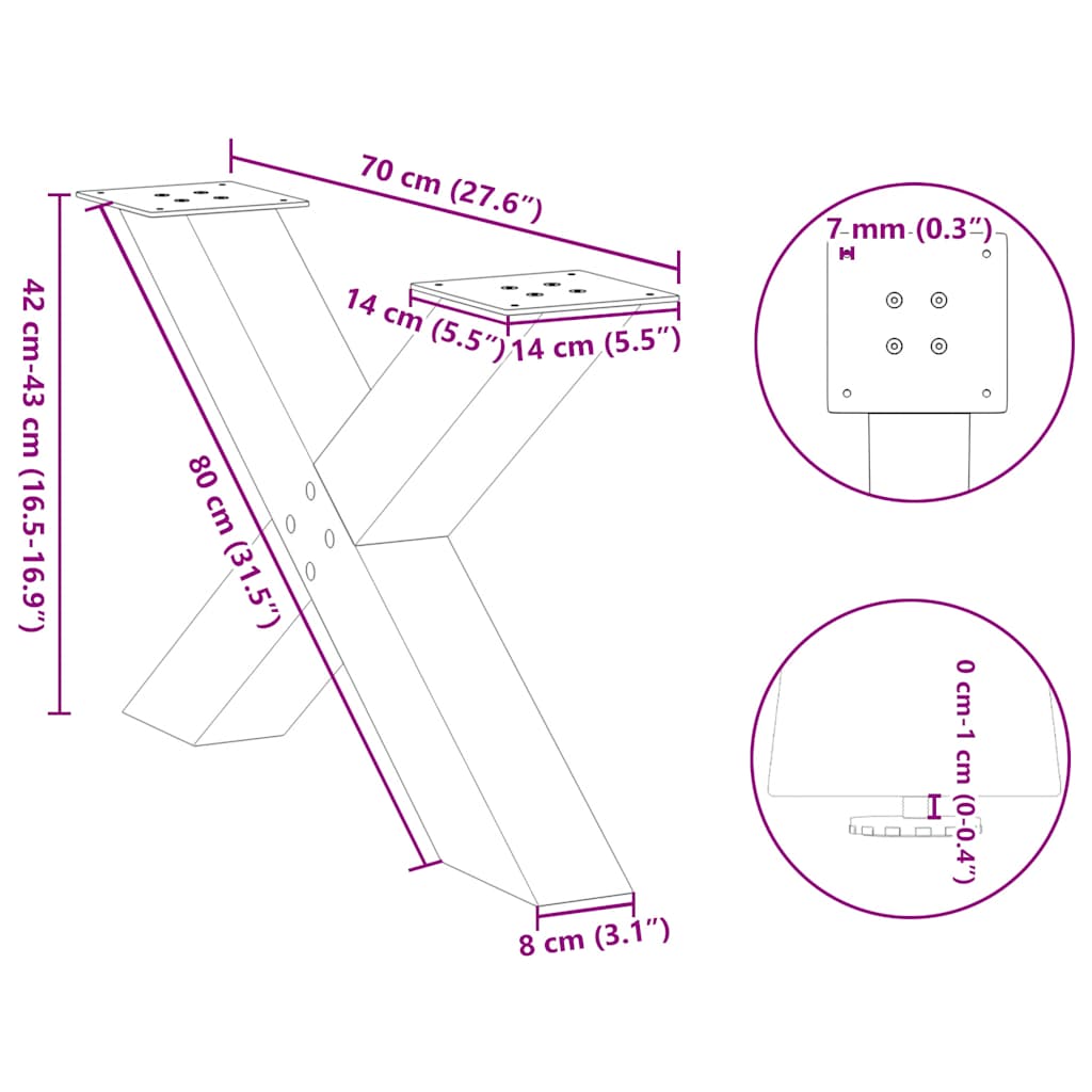 sofabordsben X-formet 2 stk. hvid 70 x (42-43) cm stål