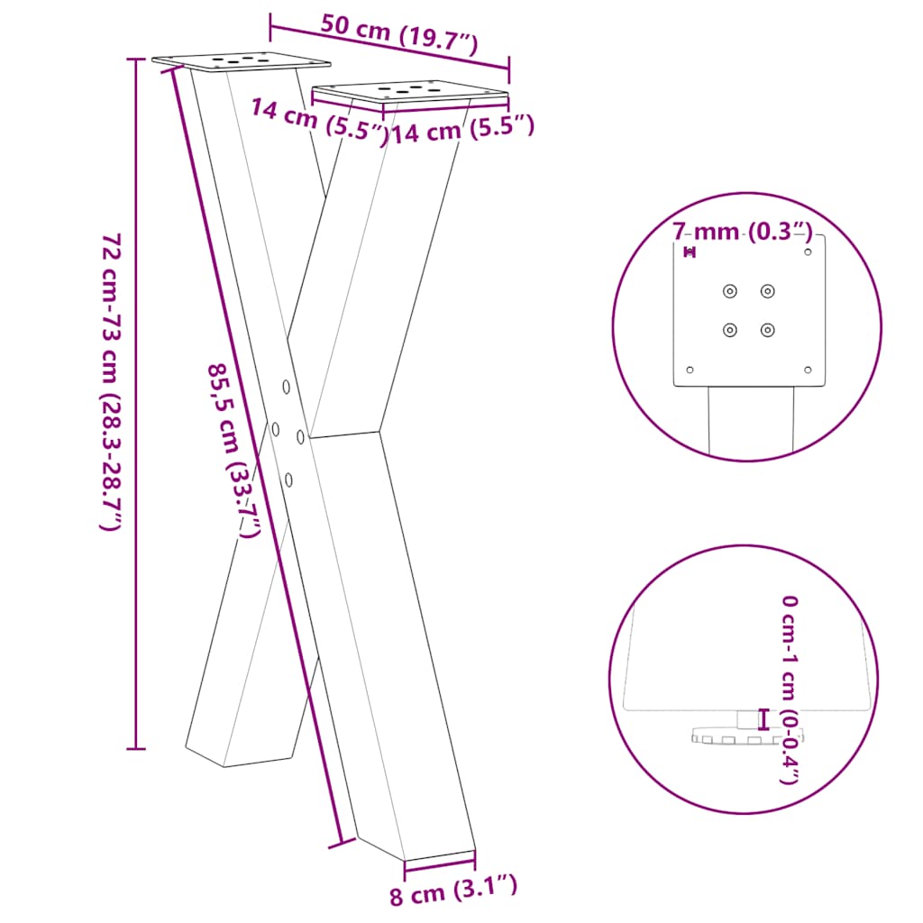 spisebordsben X-formet 2 stk. sort 50x(72-73) cm stål