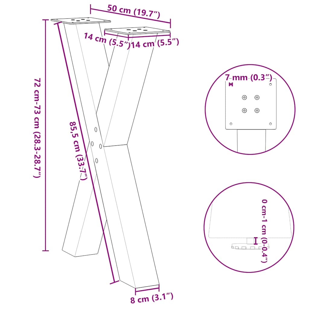 spisebordsben X-formet 2 stk. naturstål 50x(72-73) cm stål