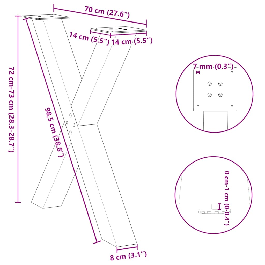 spisebordsben X-formet 2 stk. sort 70 x (72-73) cm stål