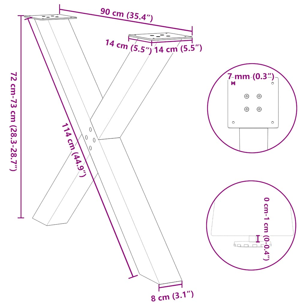spisebordsben X-formet 2 stk. hvid 90 x (72-73) cm stål