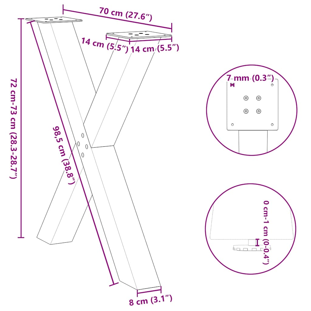 spisebordsben X-formet 3 stk. antracit 70 x (72-73) cm stål