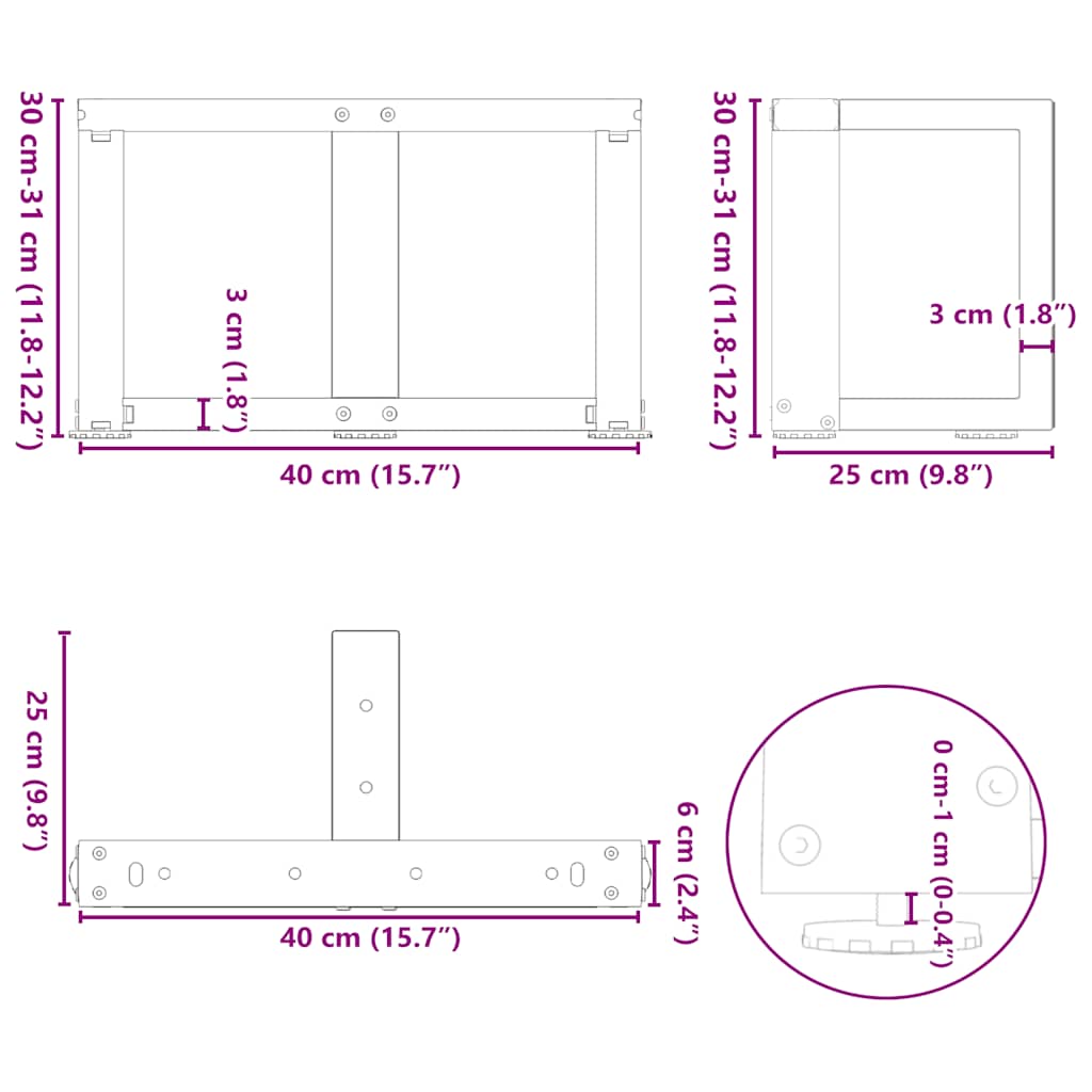 sofabordsben T-formet 2 stk. sort 40x25x(30-31) cm stål