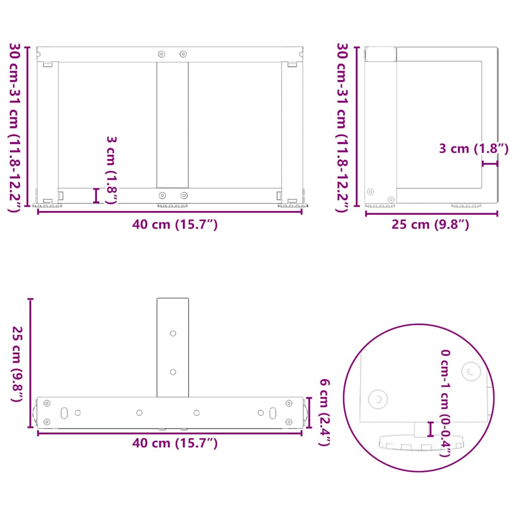 sofabordsben T-formet 2 stk. hvid 40x25x(30-31) cm stål