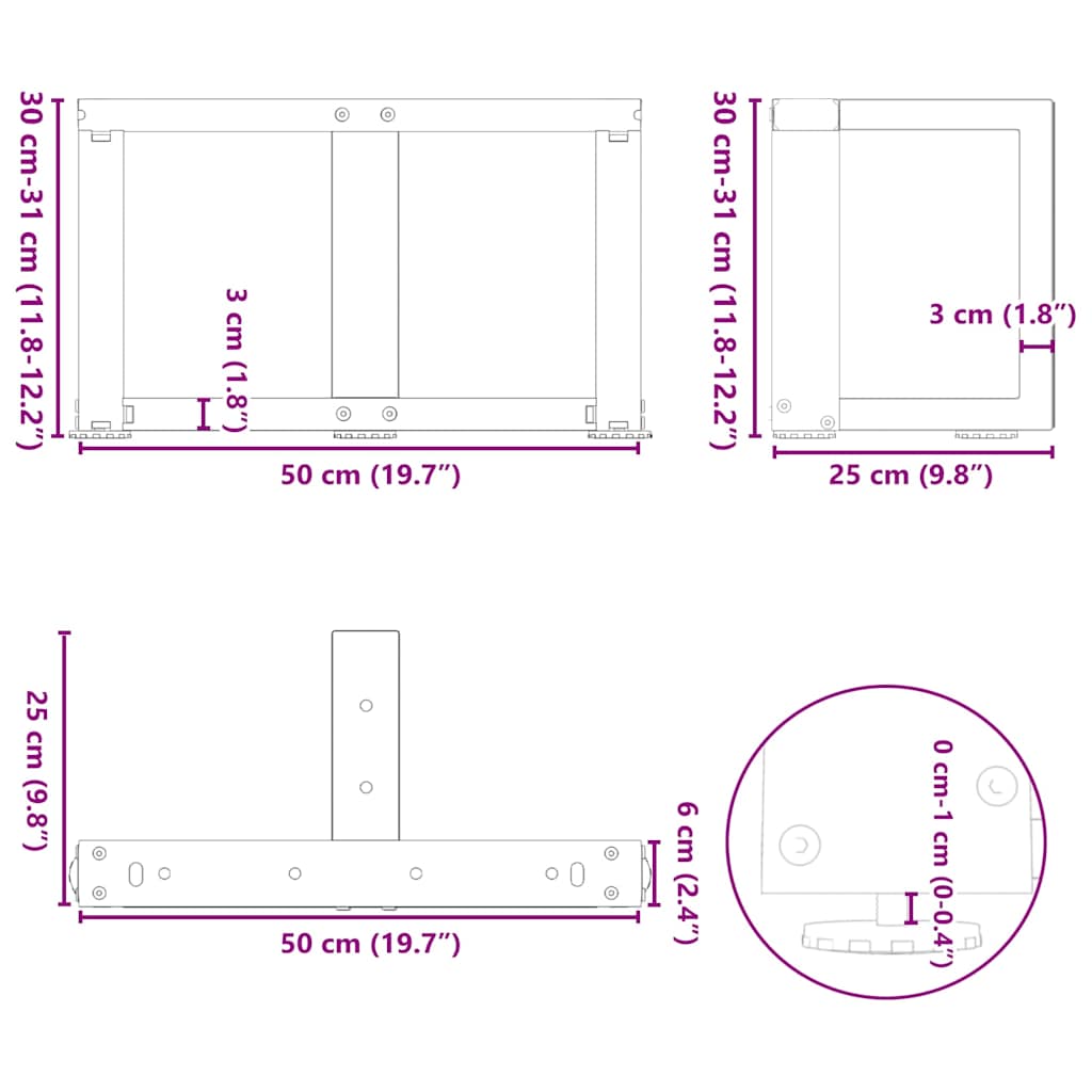sofabordsben T-formet 2 stk. antracit 50x25x(30-31) cm stål