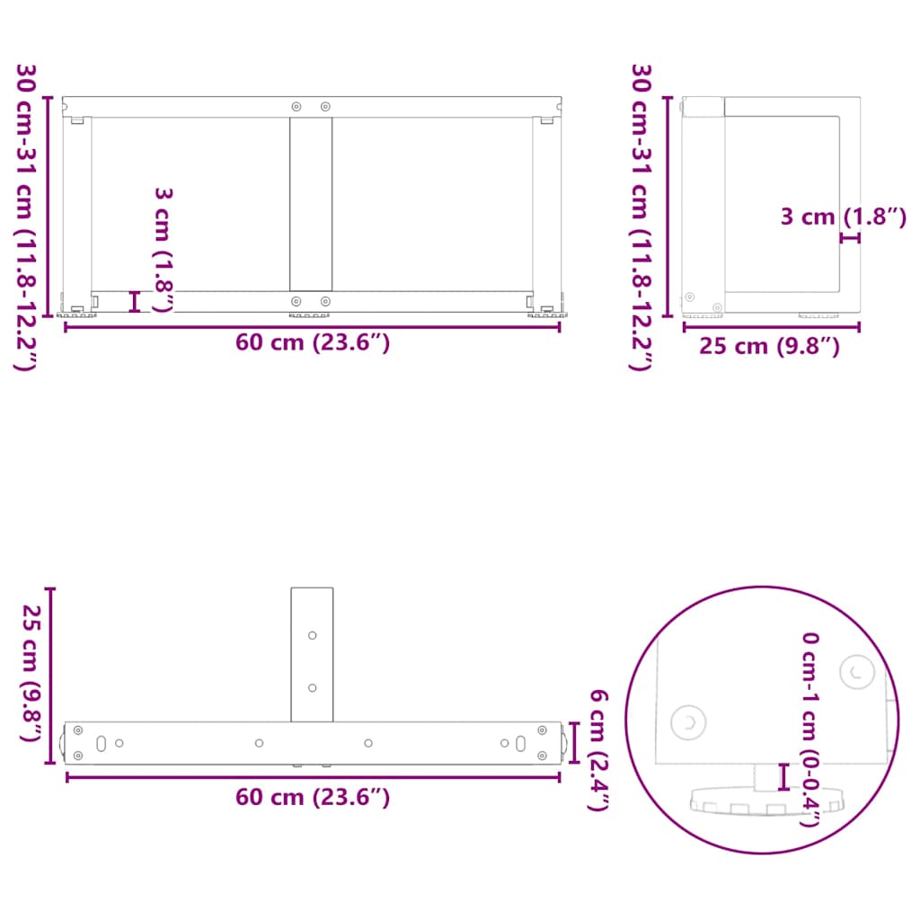 sofabordsben T-formet 2 stk. hvid 60x25x(30-31) cm stål