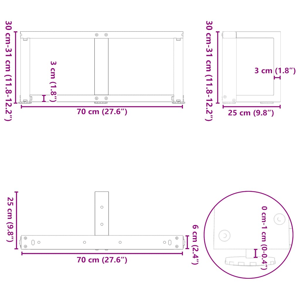sofabordsben T-formet 2 stk. hvid 70x25x(30-31) cm stål
