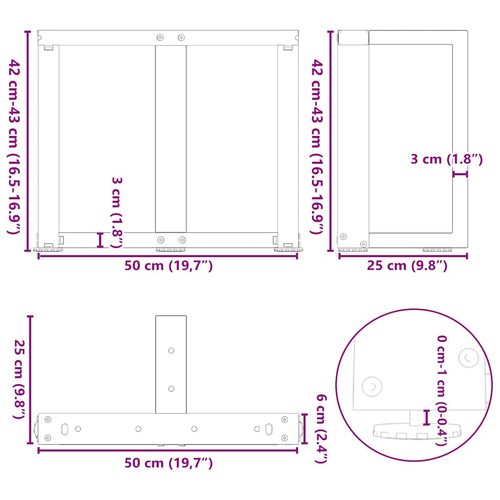 sofabordsben T-formet 2 stk. naturstål 50x25x(42-43) cm stål