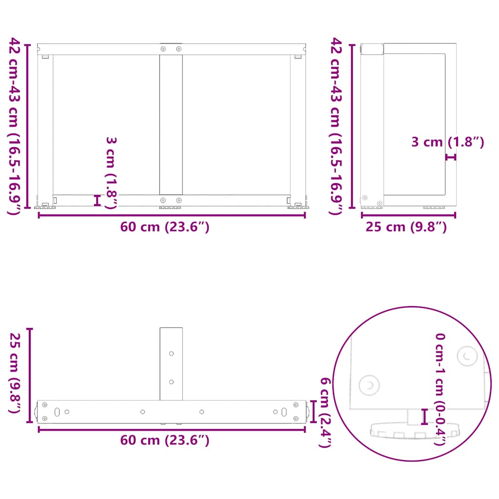 sofabordsben T-formet 2 stk. sort 60x25x(42-43) cm stål