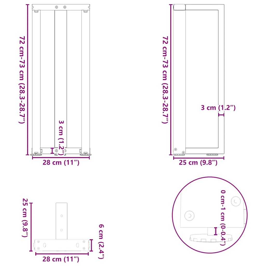 konsolbordben T-formet 2 stk. hvid 25x28x(72-73) cm stål