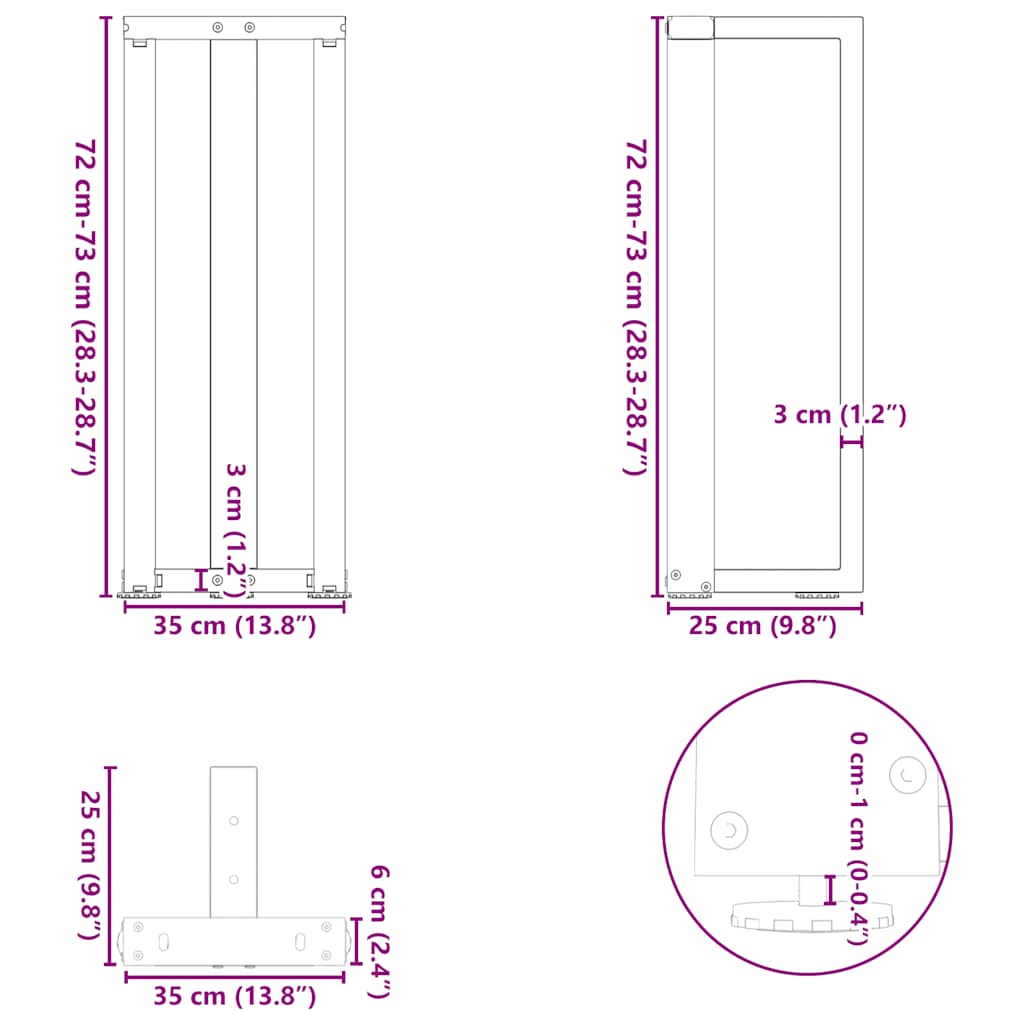 konsolbordben T-formet 2 stk. hvid 38x25x(72-73) cm stål