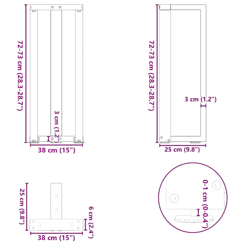 konsolbordben T-formet 2 stk. sort 38x25x(72-73) cm stål