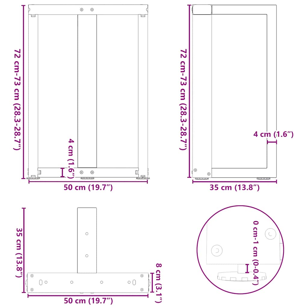 spisebordsben T-formet 2 stk. sort 50x35x(72-73) cm stål