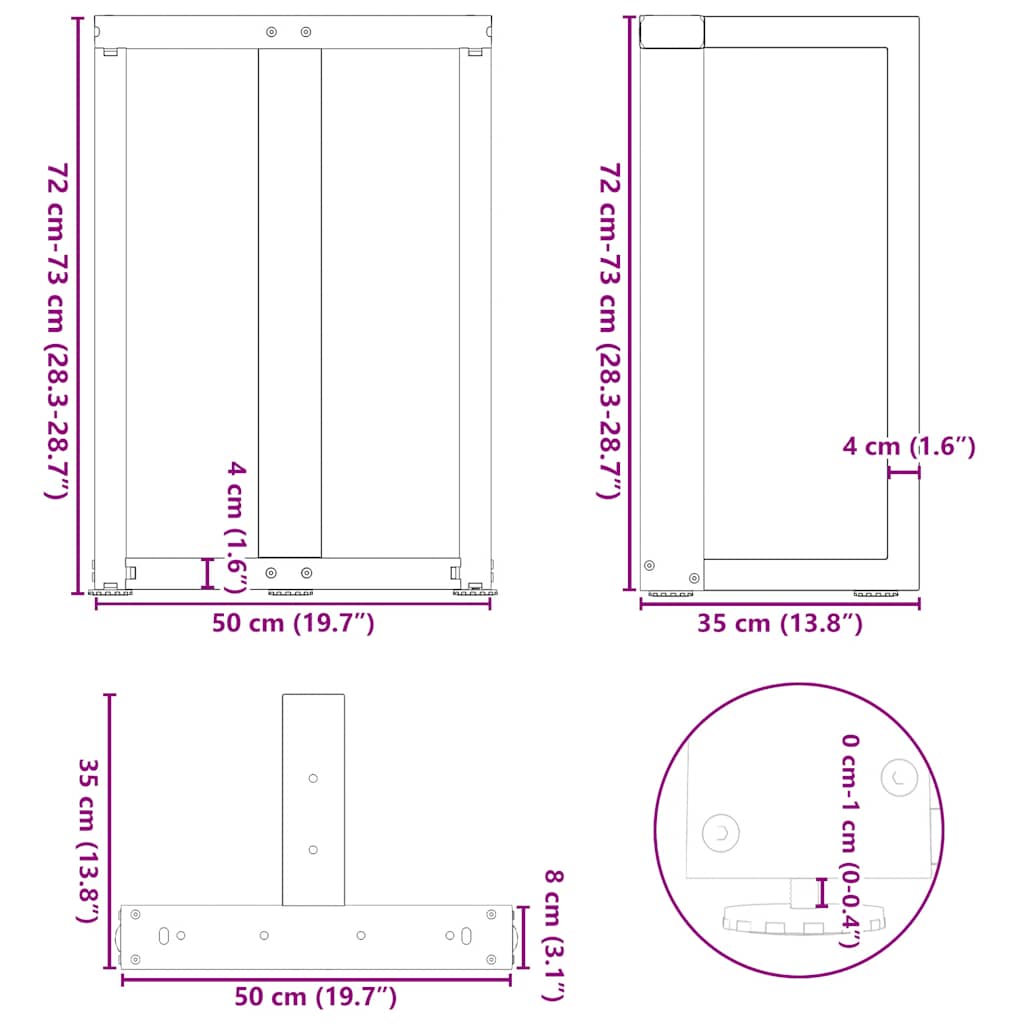 spisebordsben T-formet 2 stk. antracit 50x35x(72-73) cm stål