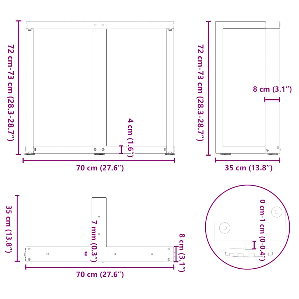spisebordsben T-formet 2 stk. antracit 70x35x(72-73) cm stål
