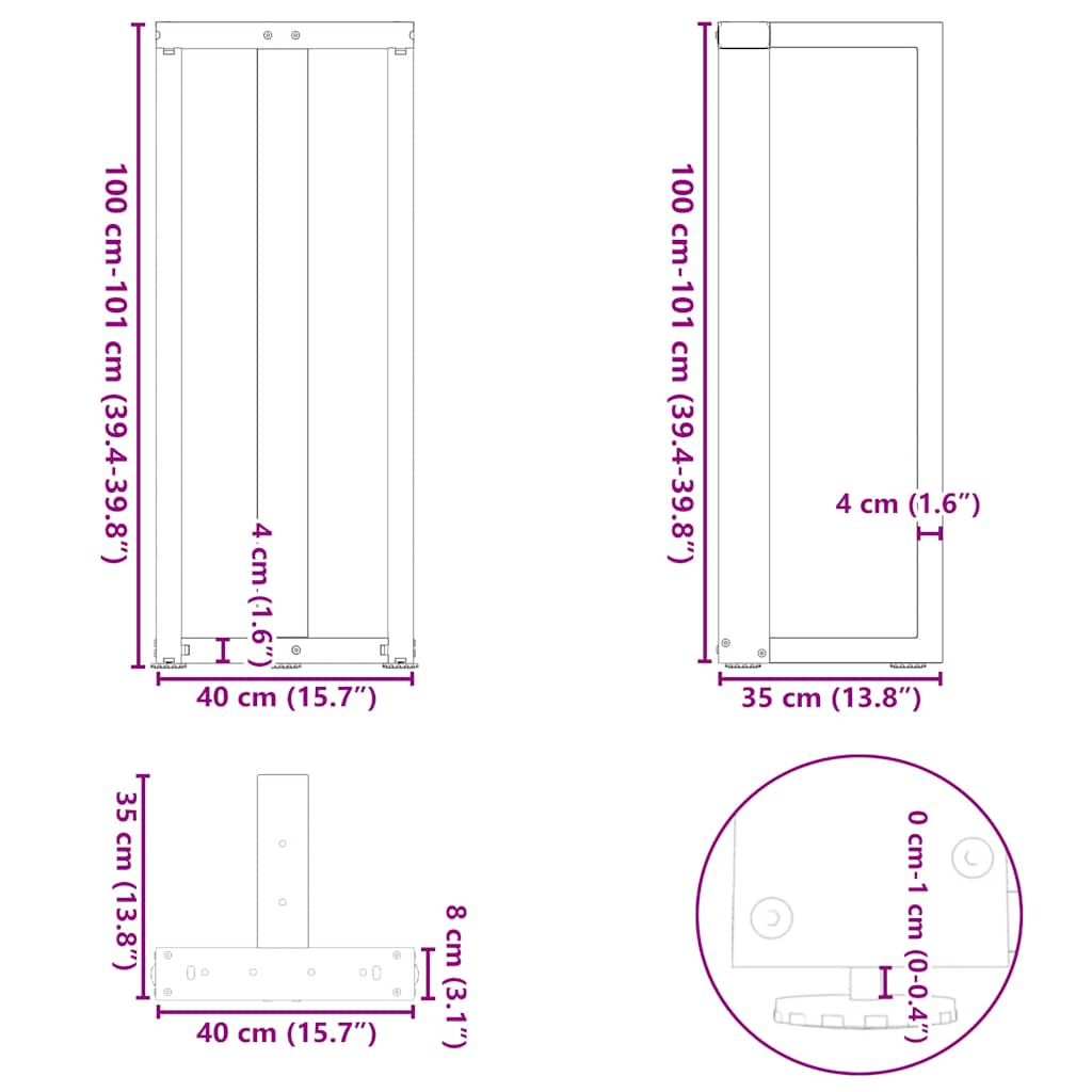 barbordsben T-formet 2 stk. sort 40x35x(100-101) cm stål