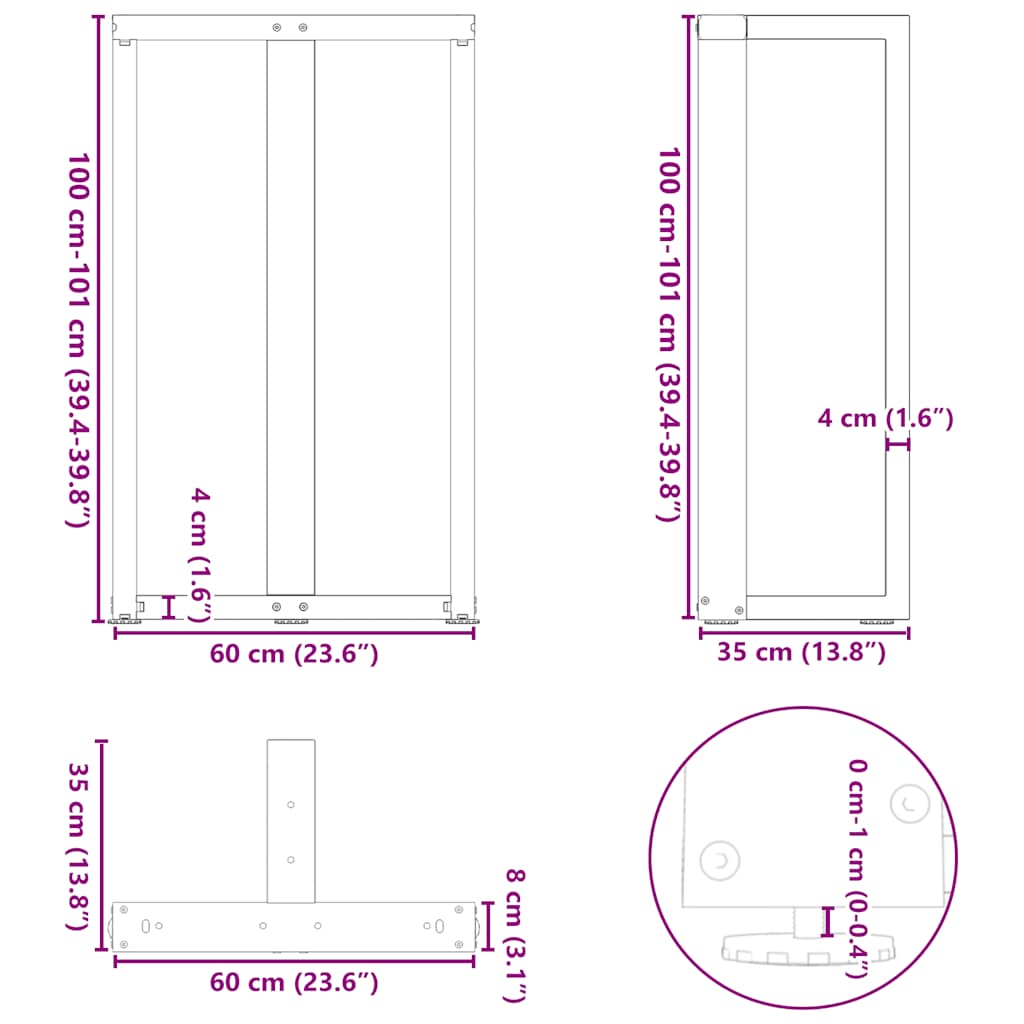 barbordsben T-formet 2 stk. sort 60x35x(100-101) cm stål
