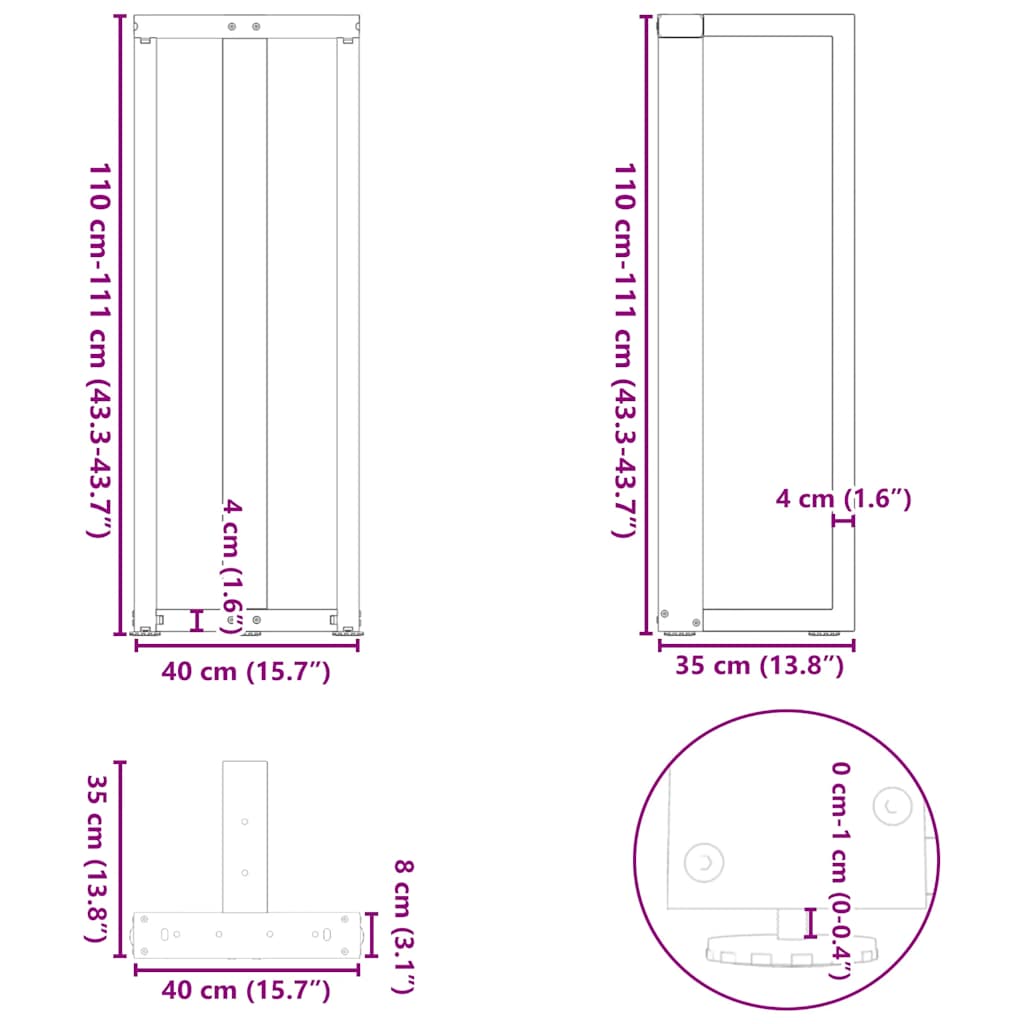 barbordsben T-formet 2 stk. sort 40x35x(110-111) cm stål