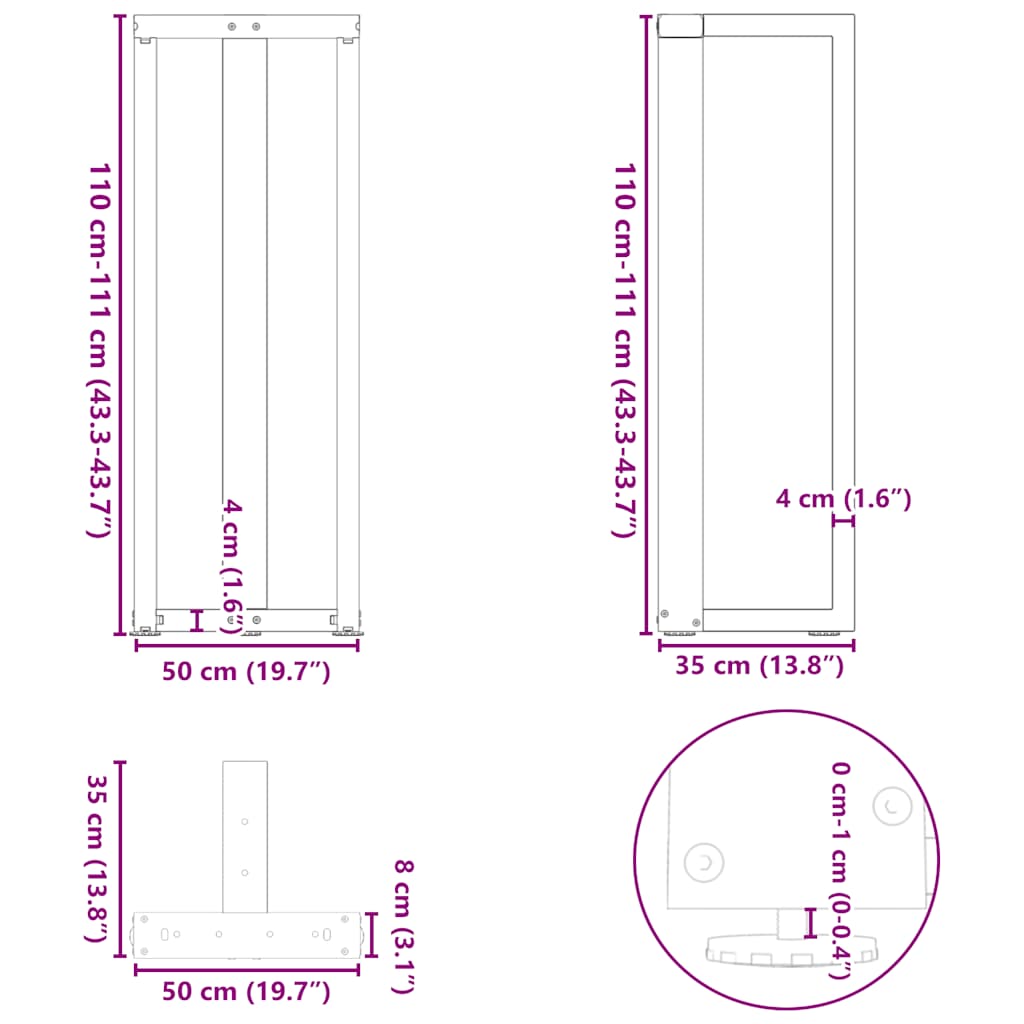 barbordsben T-formet 2 stk. sort 50x35x(110-111) cm stål