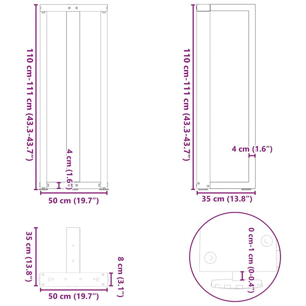 barbordsben T-formet 2 stk. sort 50x35x(110-111) cm stål
