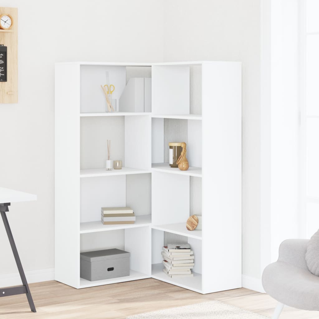 bogreol til hjørne 85x85x140 cm 4 hylder konstrueret træ hvid