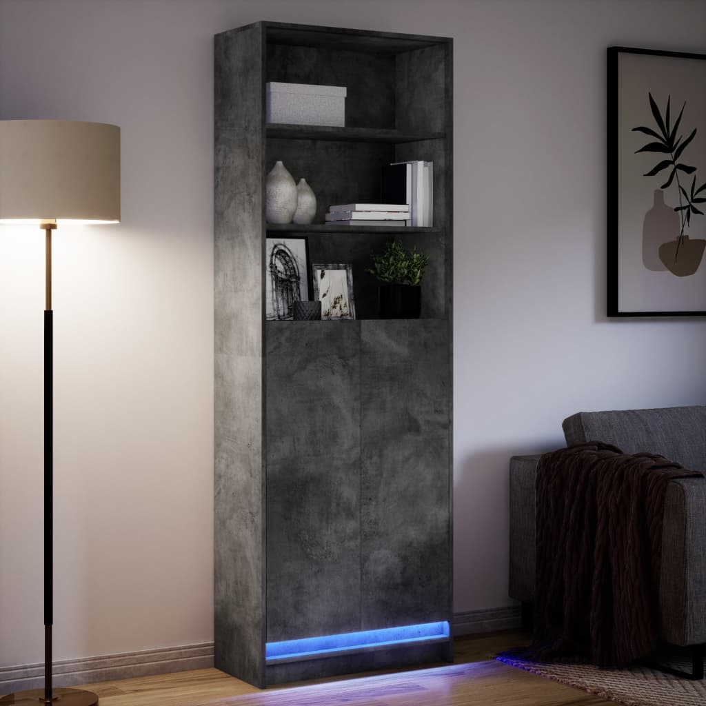 skab med LED-lys 69x32,5x200 cm konstrueret træ betongrå