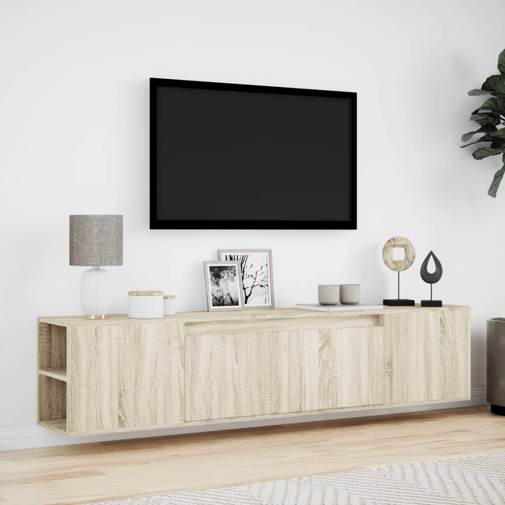 væghængt tv-bord med LED-lys 180x31x39,5 cm sonoma-eg