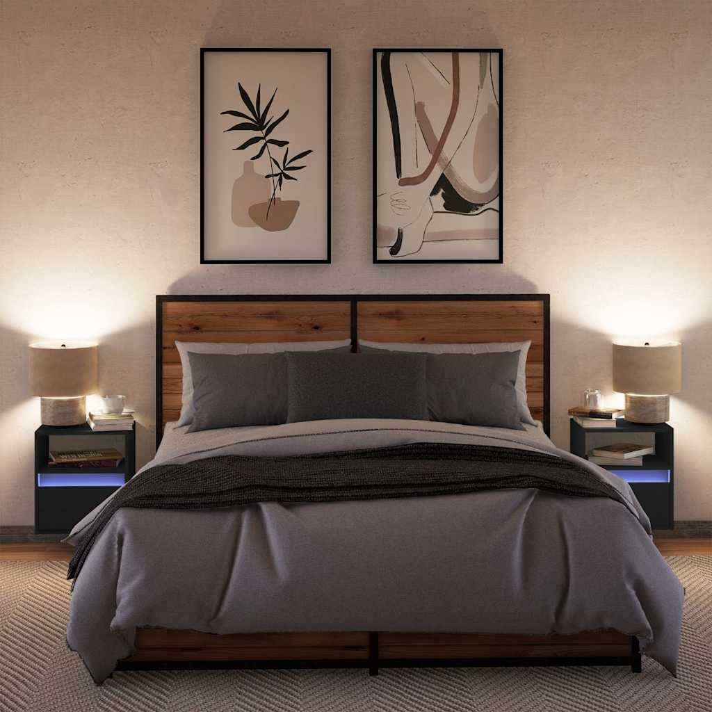 væghængte sengeborde 2 stk. med LED-lys sort