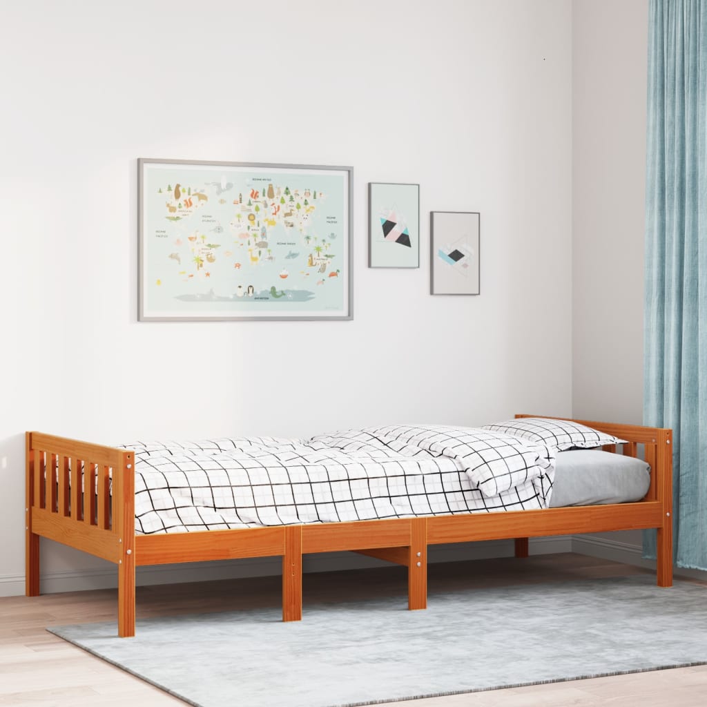 juniorseng uden madras 90x190 cm massivt fyrretræ gyldenbrun