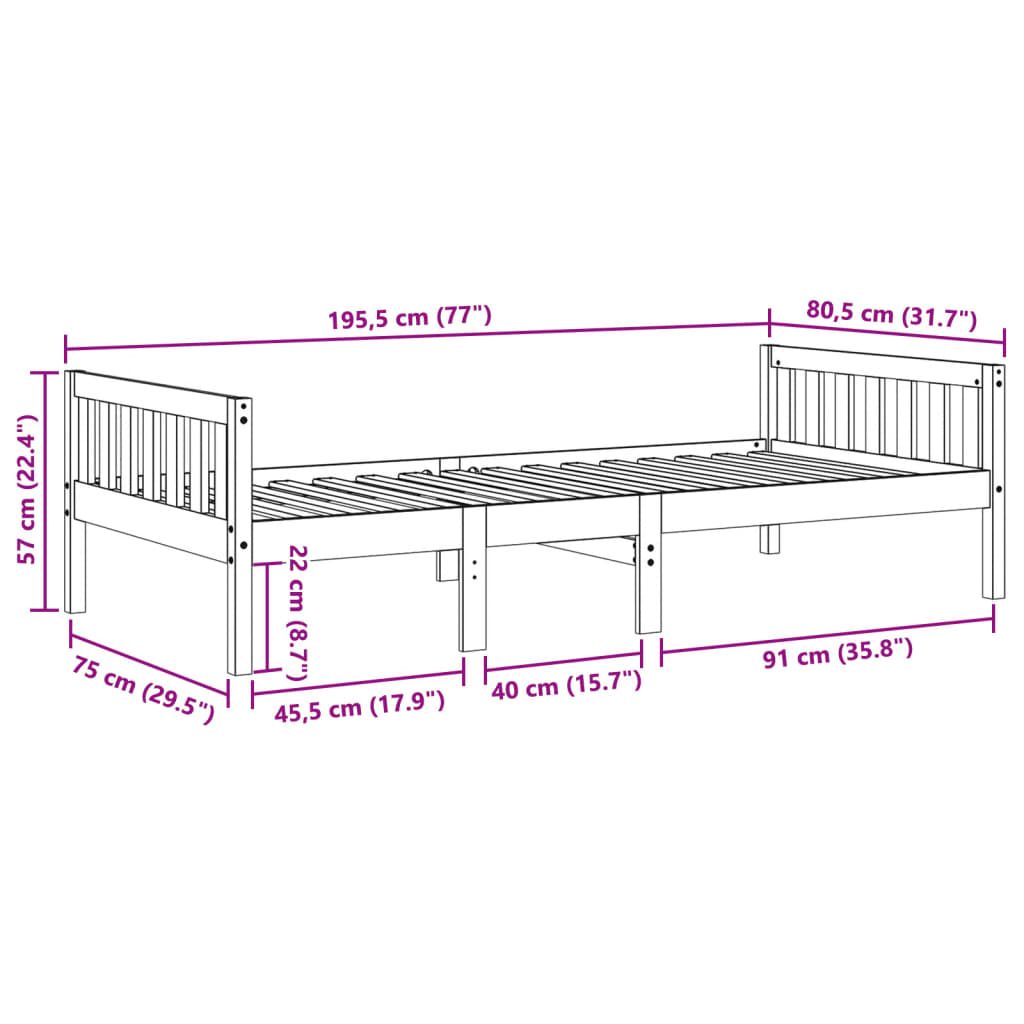 juniorseng uden madras 75x190 cm massivt fyrretræ