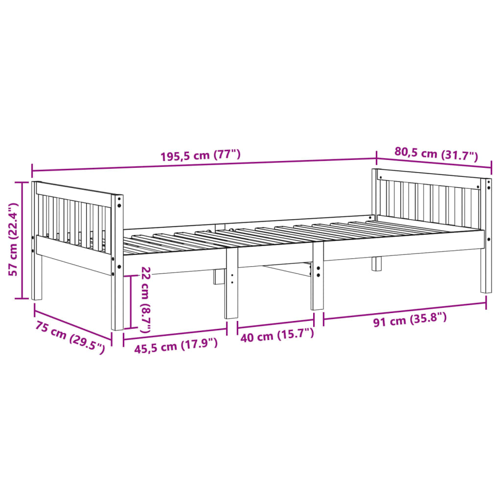 juniorseng uden madras 75x190 cm massivt fyrretræ gyldenbrun