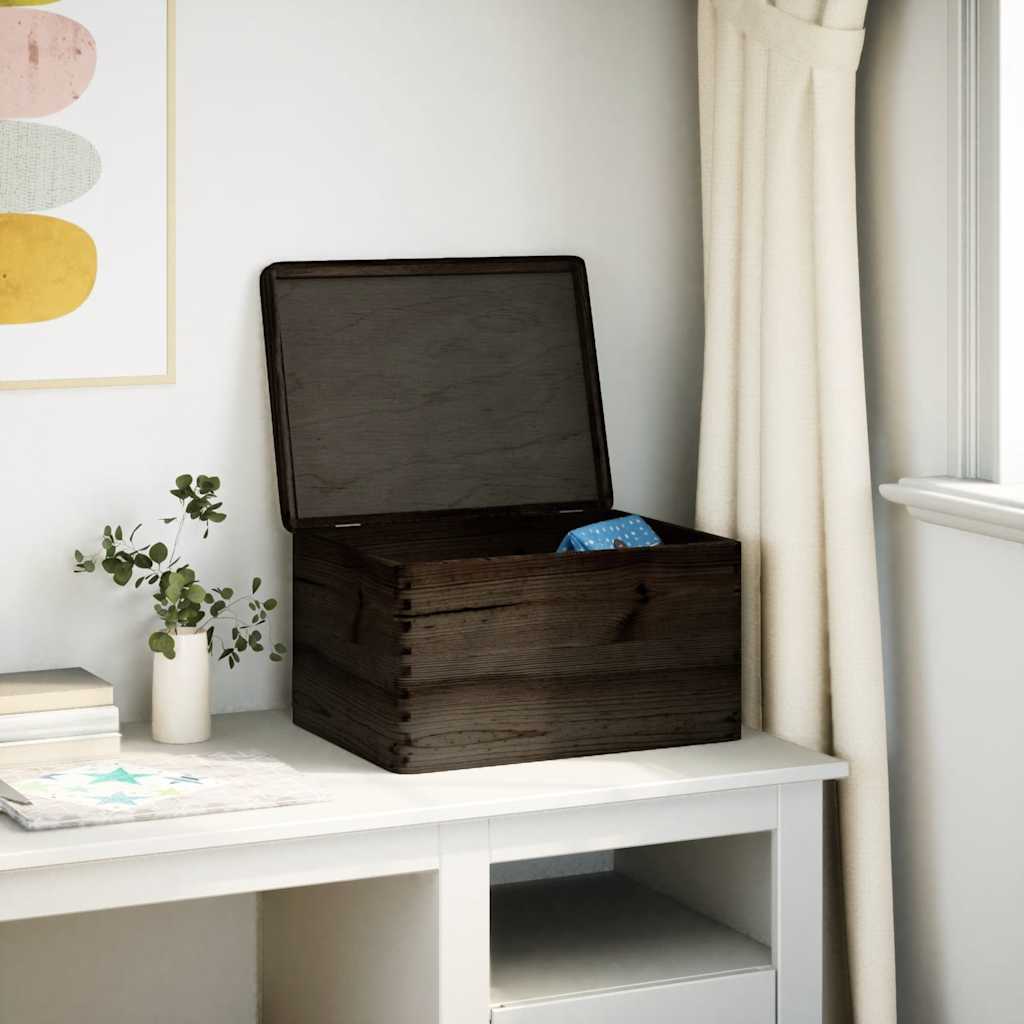 trækasse med låg sort 40x30x23 cm massivt træ fyrretræ