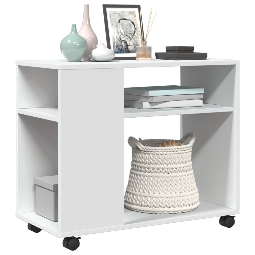 sidebord med hjul 70x35x60 cm konstrueret træ hvid