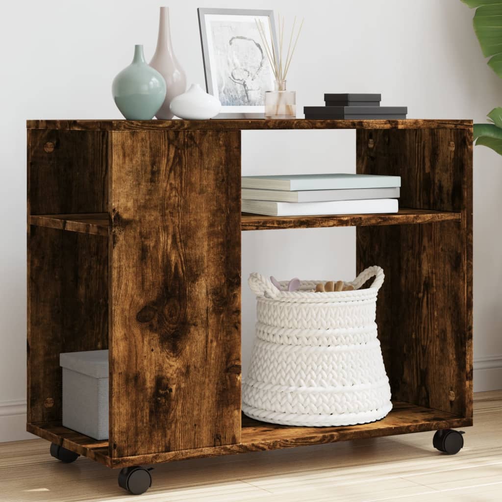 sidebord med hjul 70x35x60 cm konstrueret træ røget egetræ