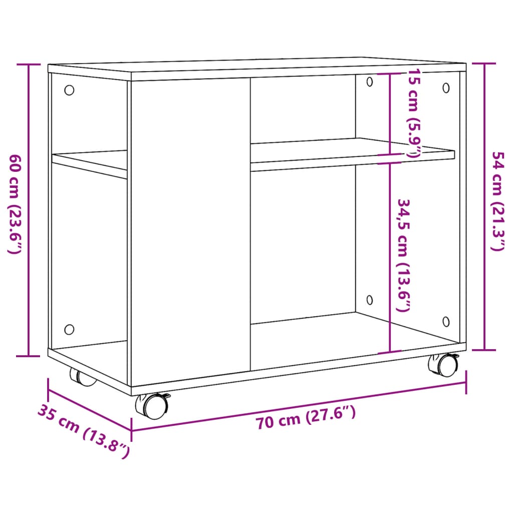 sidebord med hjul 70x35x60 cm konstrueret træ brunt egetræ