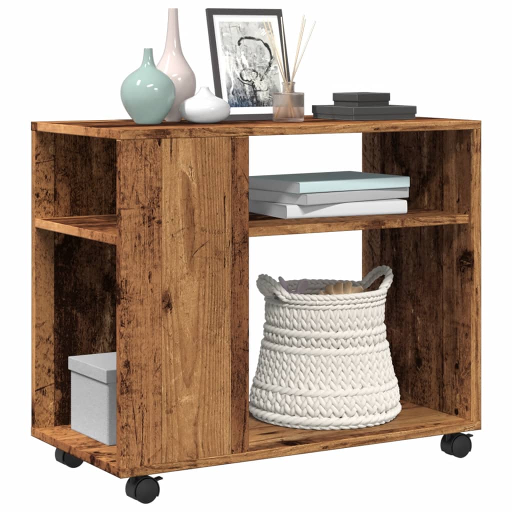 sidebord med hjul 70x35x60 cm konstrueret træ gammelt trælook