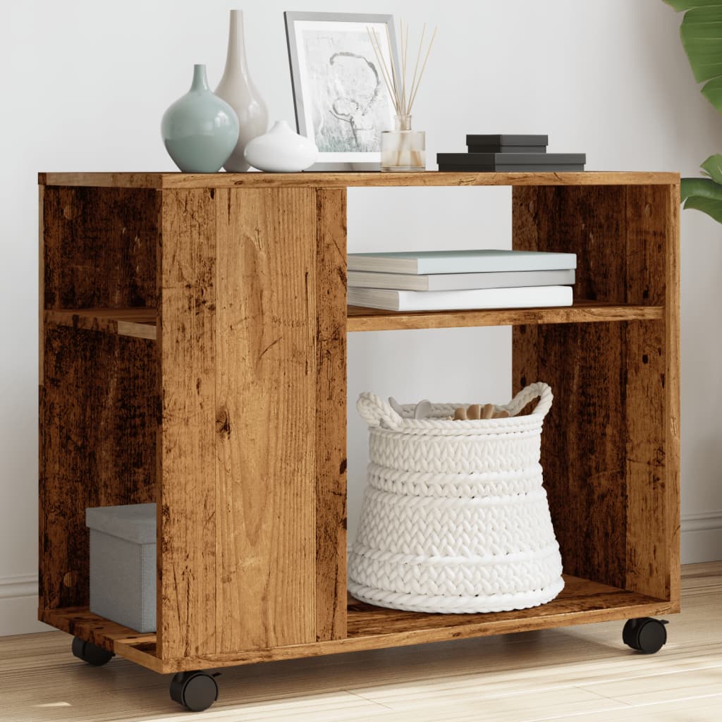 sidebord med hjul 70x35x60 cm konstrueret træ gammelt trælook
