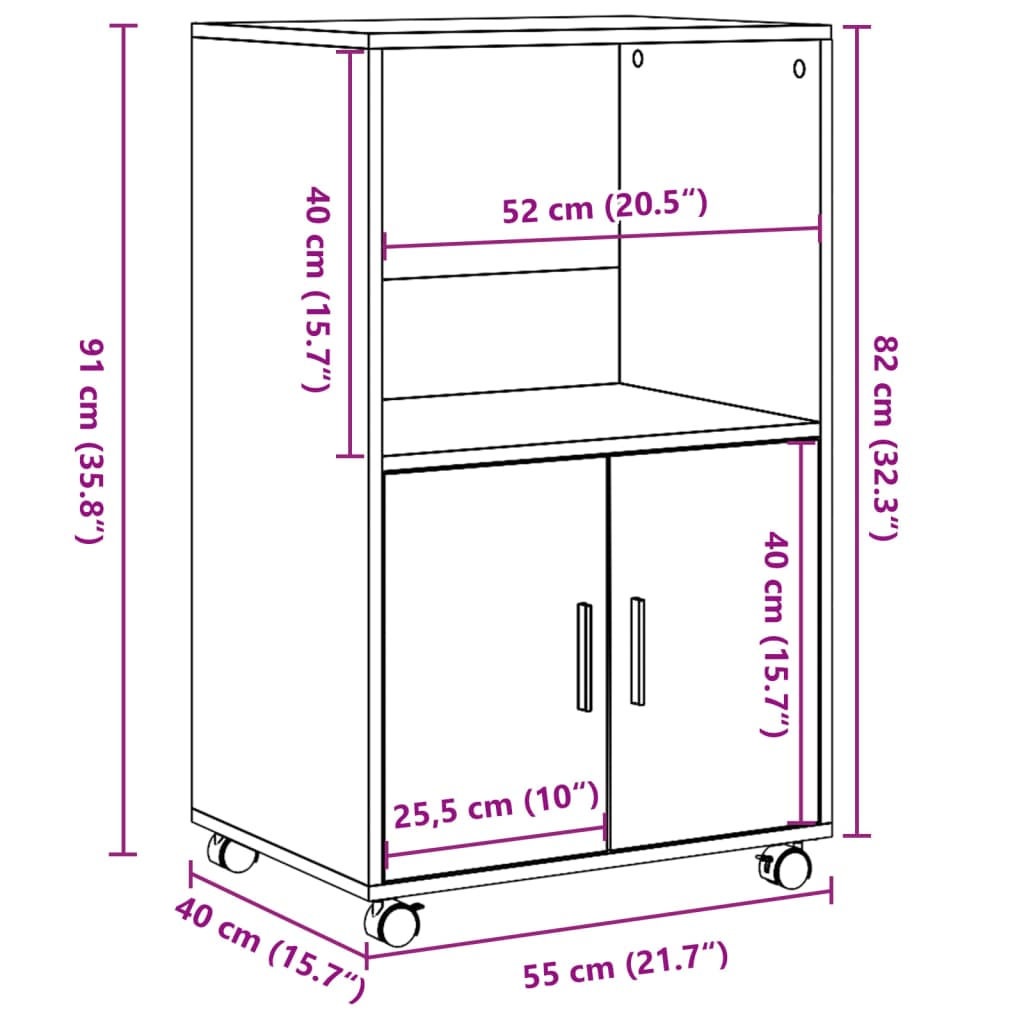 rullebord 55x40x91 cm konstrueret træ røget egetræsfarve