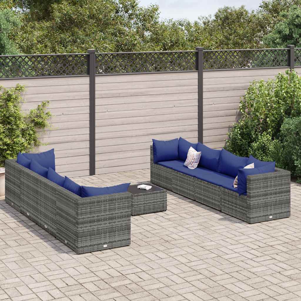 loungesæt til haven 9 dele med hynder polyrattan grå
