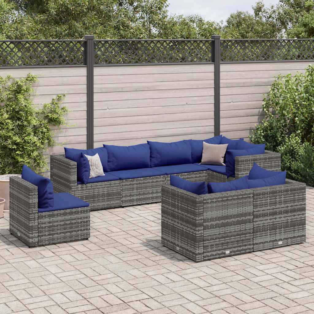 loungesæt til haven 8 dele med hynder polyrattan grå