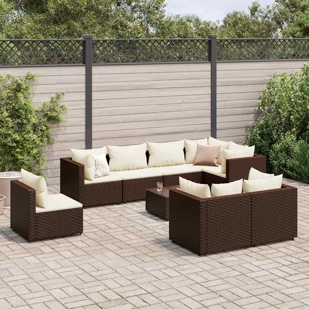 loungesæt til haven 9 dele med hynder polyrattan brun