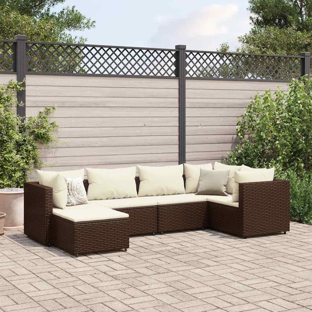 loungesæt til haven 6 dele med hynder polyrattan brun